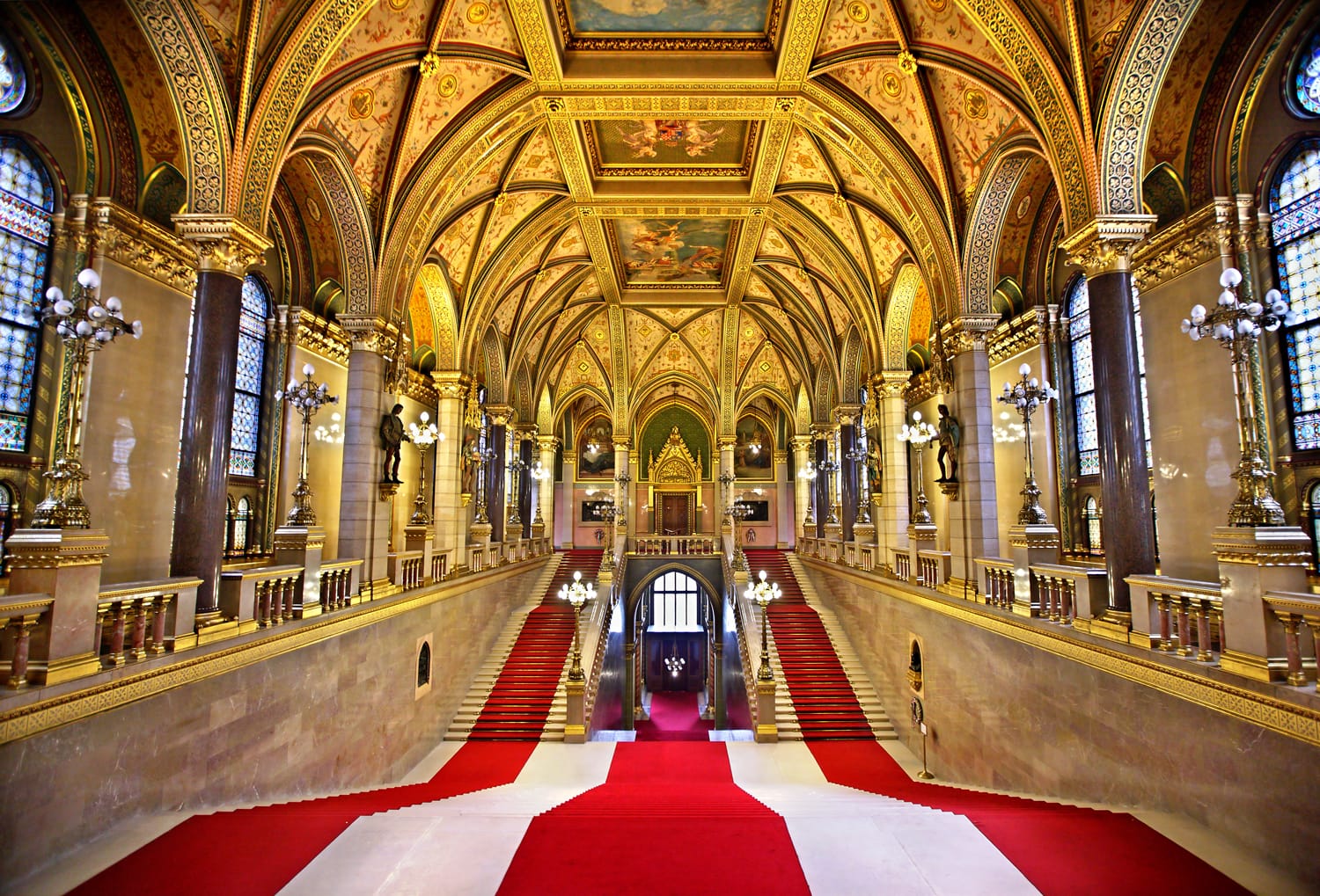 The lavish Grand Staircase of the Hungarian Parliament, Budapest