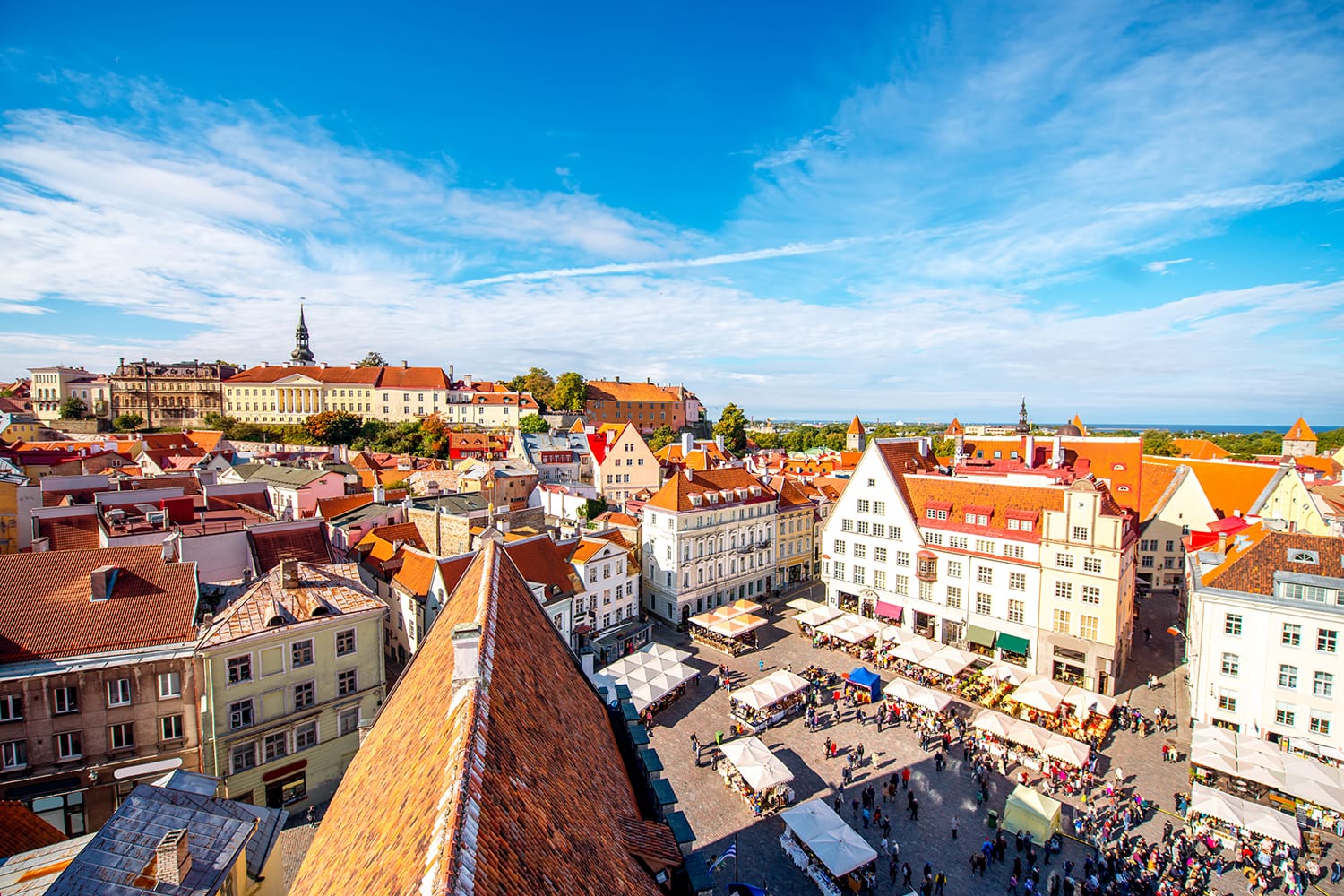 Aerial view on the old town with main central square in Tallin, Estonia