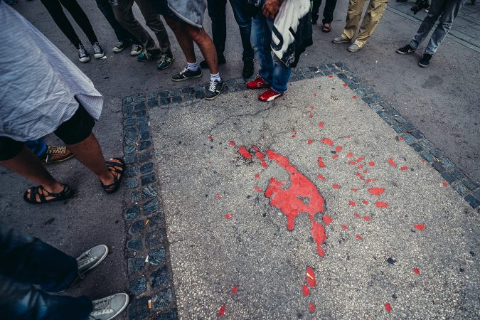 So called Sarajevo Rose (scars of fights from Siege of Sarajevo period) in front of Sacred Heart Cathedral in Sarajevo, Bosnia and Herzegovina