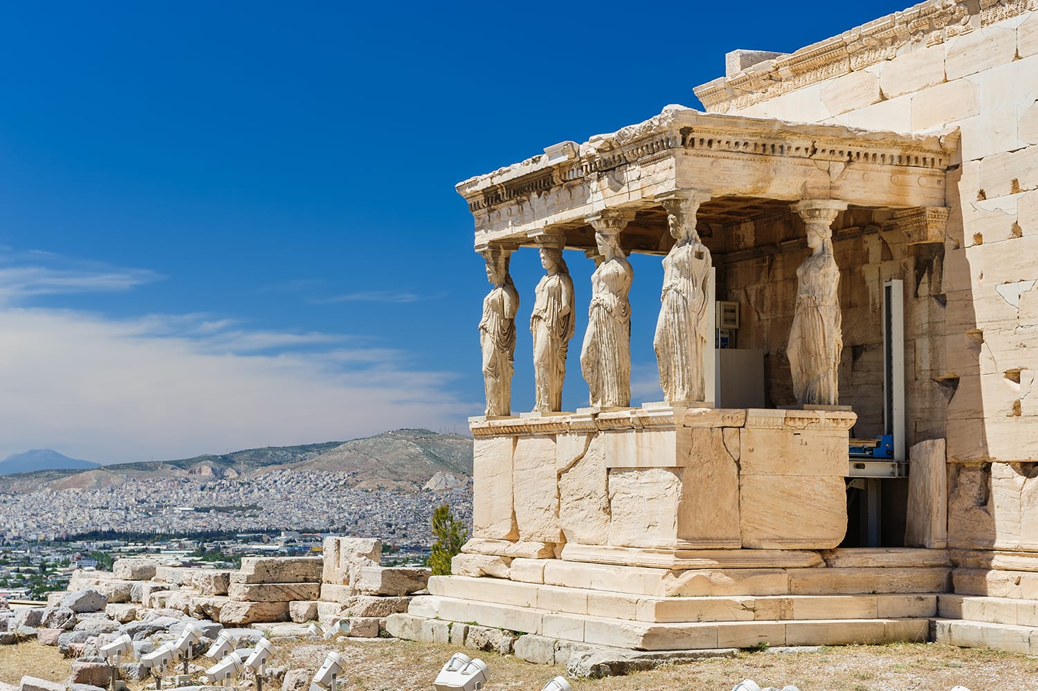 Six Caryatids or karyatides at Porch of the Erechtheion in Acropolis at Athens, Greece