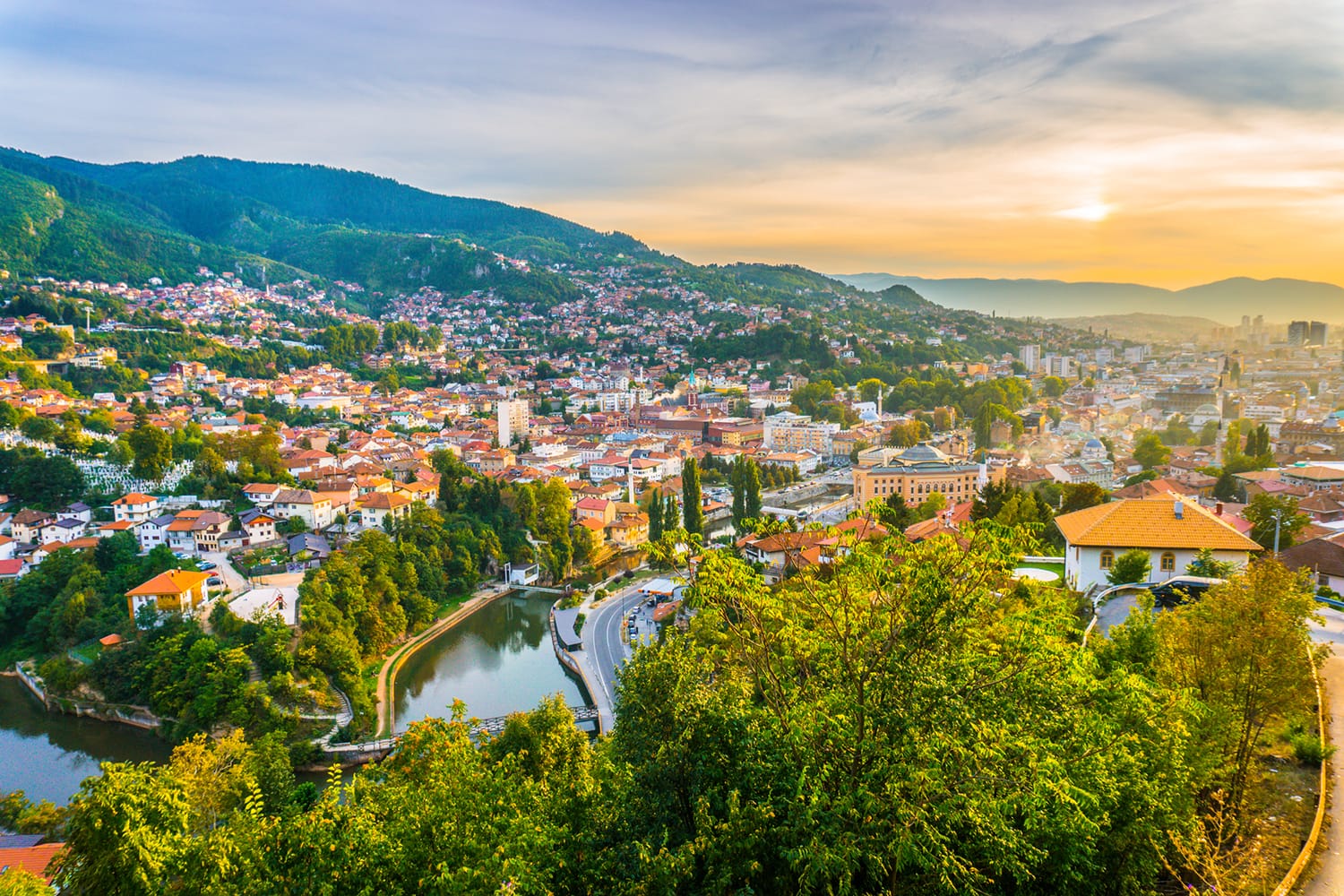 Sunset view of Sarajevo from most popular panoramic spot in Sarajevo; Yellow Fortress (Zuta Tabija), Vratnik