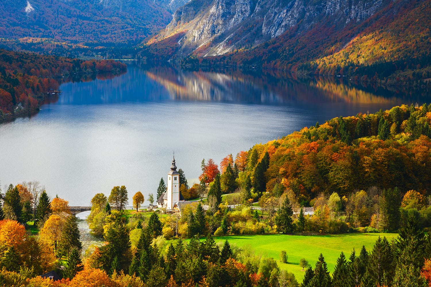 Aerial view of Bohinj lake in Julian Alps. Popular touristic destination in Slovenia