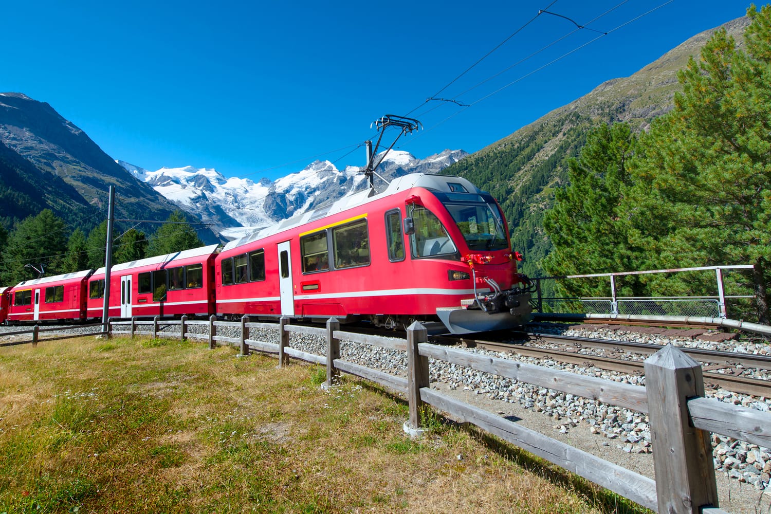 Swiss mountain train Bernina Express crossed Alps