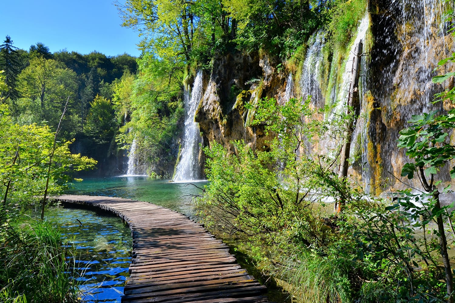 Boardwalk through the waterfalls of Plitvice Lakes National Park, Croatia