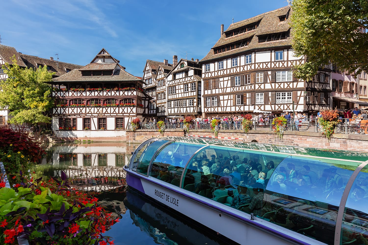 Boat cruise passing through La Petite in Strasbourg, France