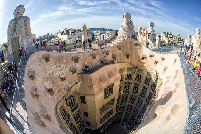 Roof of modernist house Casa Mila also known as La Pedrera designed by Antoni Gaudi in Barcelona, Spain