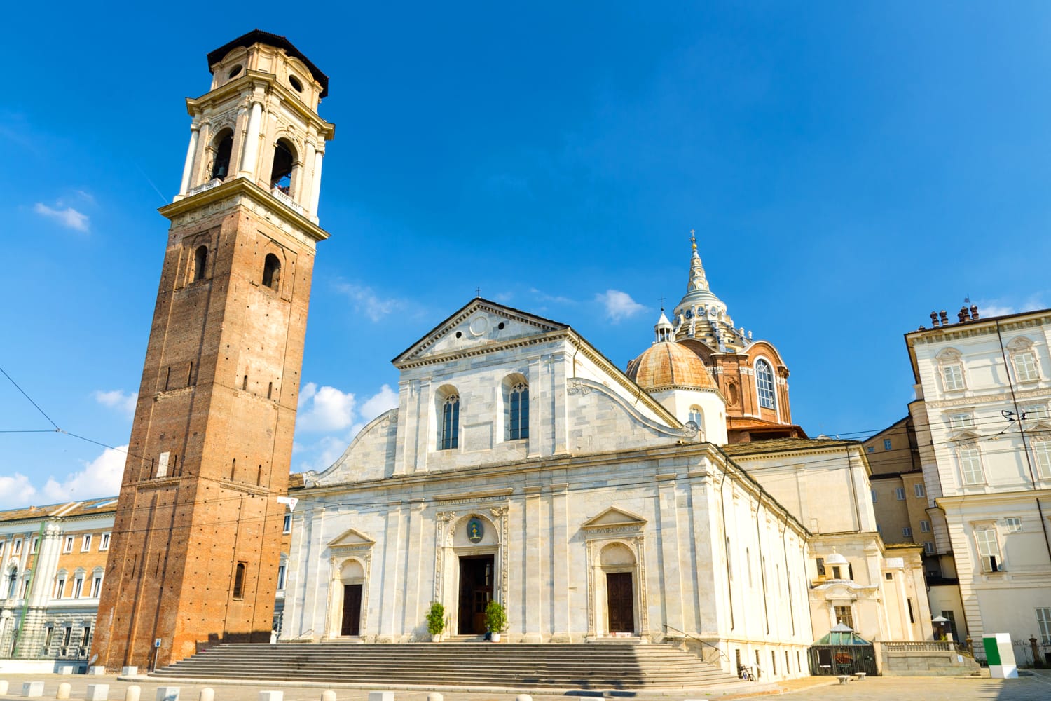 Duomo di Torino San Giovanni Battista catholic cathedral where the Holy Shroud of Turin is rested with bell tower and Sacra Sindone chapel on square in historical centre of Turin city, Piedmont, Italy