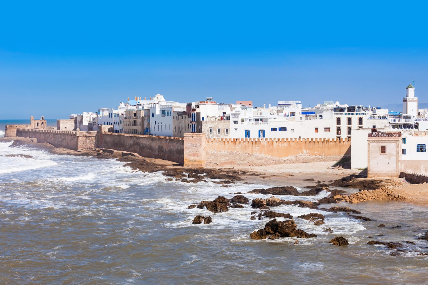 Essaouira Ramparts aerial panoramic view in Essaouira, Morocco. Essaouira is a city in the western Moroccan region on the Atlantic coast.