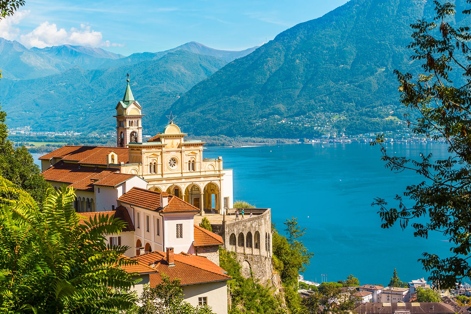 View of Madonna del Sasso Church above Locarno city and the Maggiore lake in Ticino, Switzerland