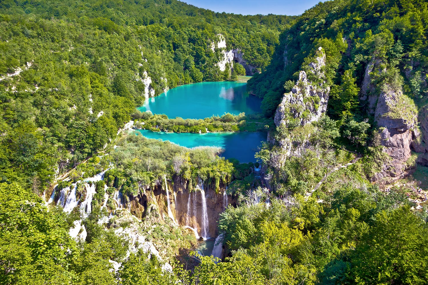 Paradise waterfalls of Plitvice lakes national park, panoramic view, Croatia