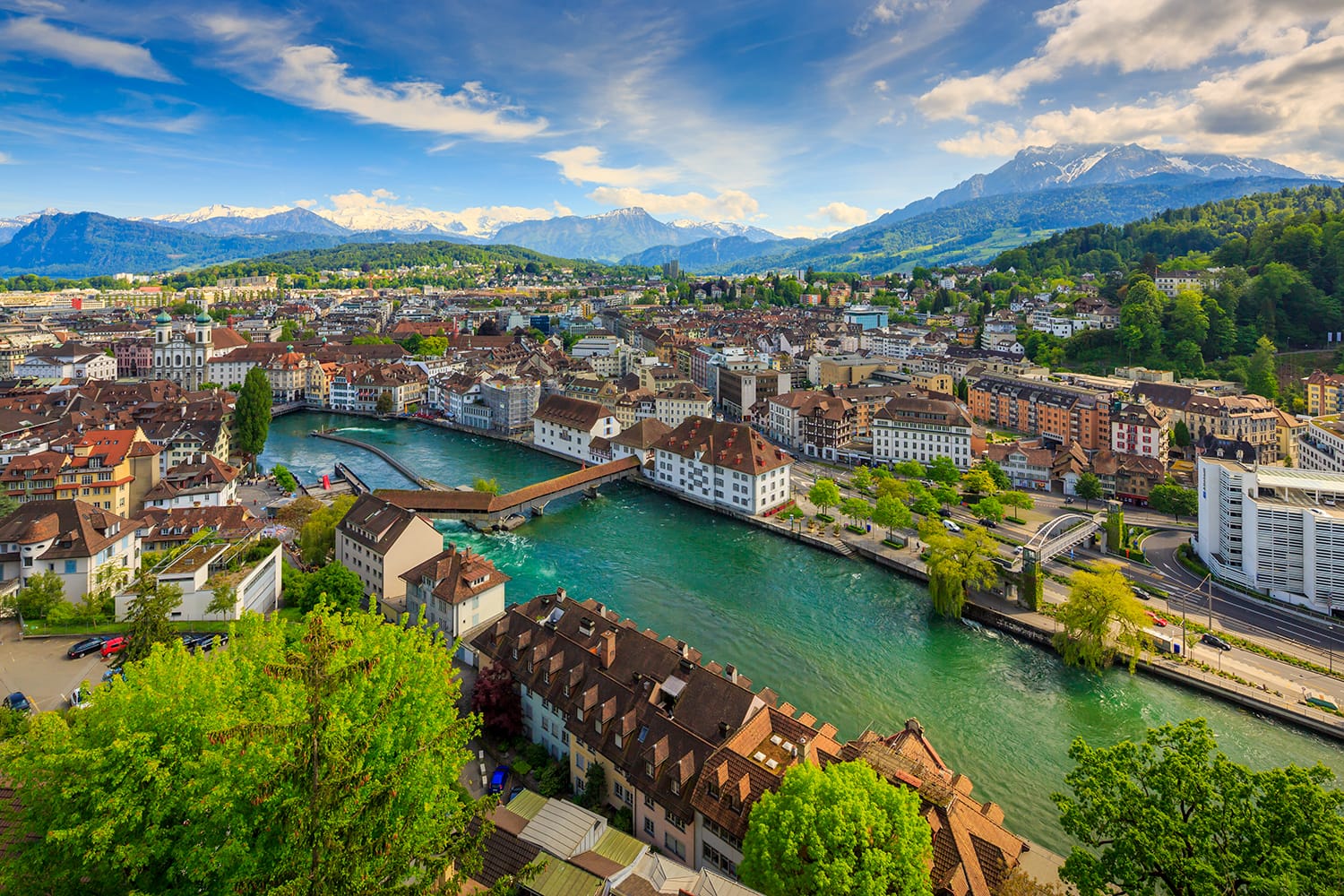 Aerial view of historic city center of Lucerne with famous Chapel Bridge and lake Lucerne (Vierwaldstattersee), Canton of Luzern, Switzerland