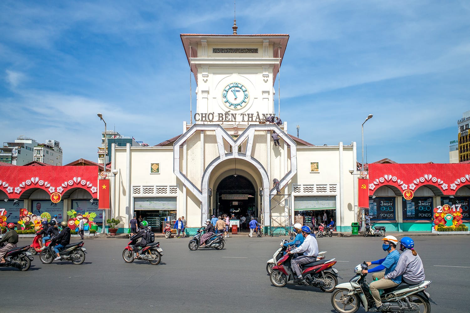 The entrance of Saigon Central Market, also known as Ben Thanh market, one of the earliest surviving structures in Ho Chi Minh City, Vietnam
