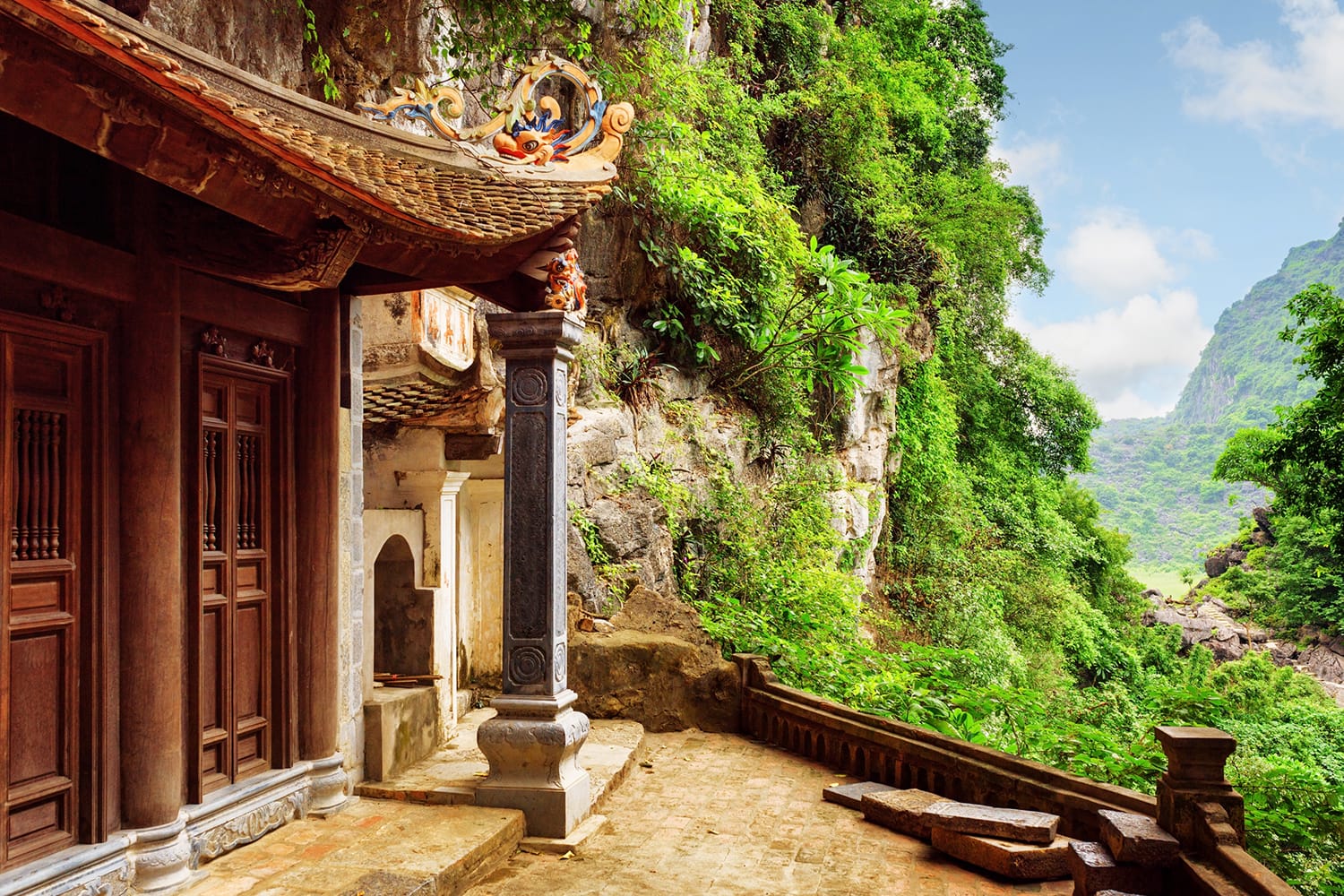 Scenic view of the Bich Dong Pagoda at Ninh Binh Province in Vietnam