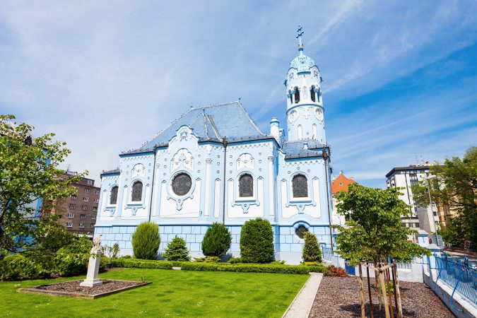 The Blue Church or The Church of St. Elizabeth or Modry Kostol Svatej Alzbety in the Old Town in Bratislava, Slovakia. Blue Church is a Hungarian Secessionist Catholic cathedral.
