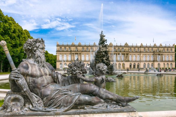Fountain in the castle gardens, park, castle, Insel Herrenchiemsee island, Chiemsee lake, Chiemgau, Bavaria, Germany,