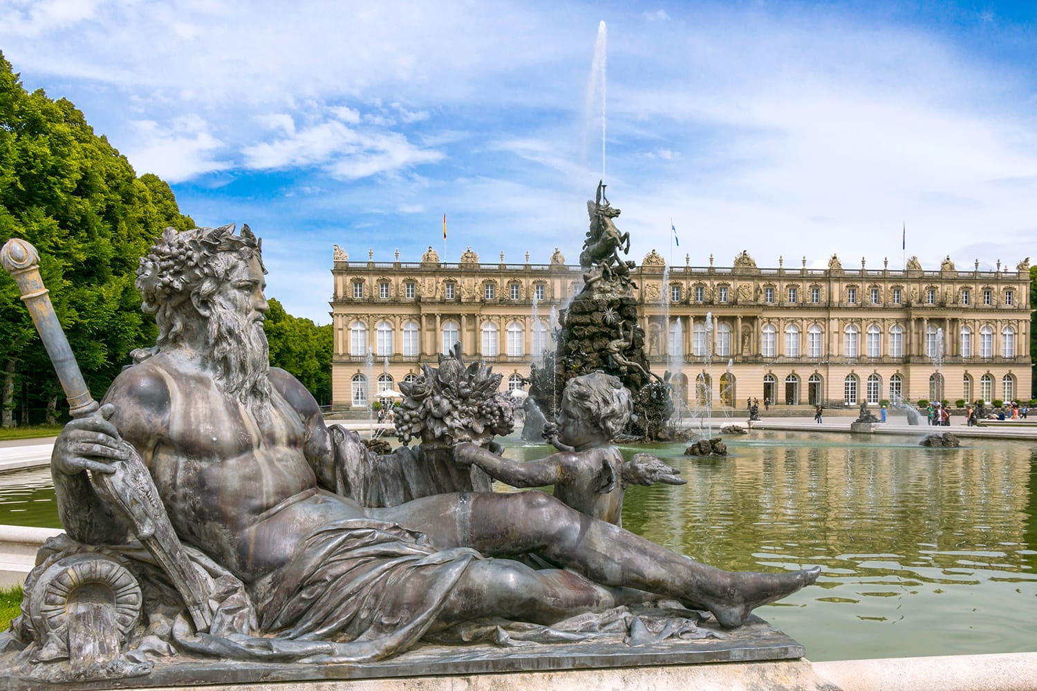 Fountain in the castle gardens, park, castle, Insel Herrenchiemsee island, Chiemsee lake, Chiemgau, Bavaria, Germany,