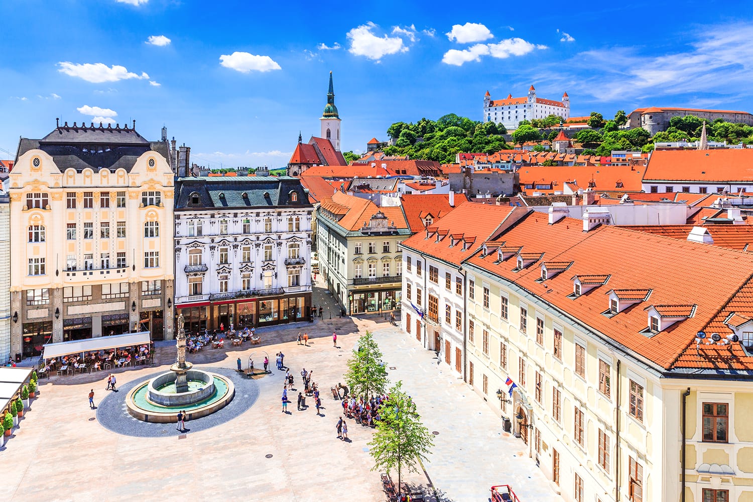 View of the Bratislava castle, main square and the St. Martin's Cathedral in Bratislava, Slovakia