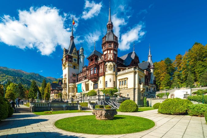 Peles castle Sinaia in autumn season, Transylvania, Romania protected by Unesco World Heritage Site