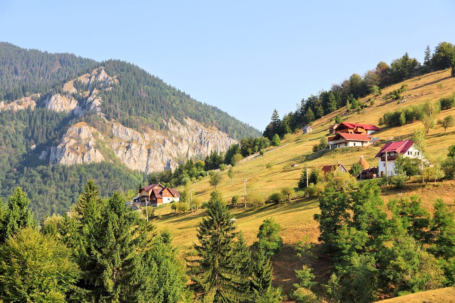 Piatra Craiului National Park in Romania - mountain landscape with small village.