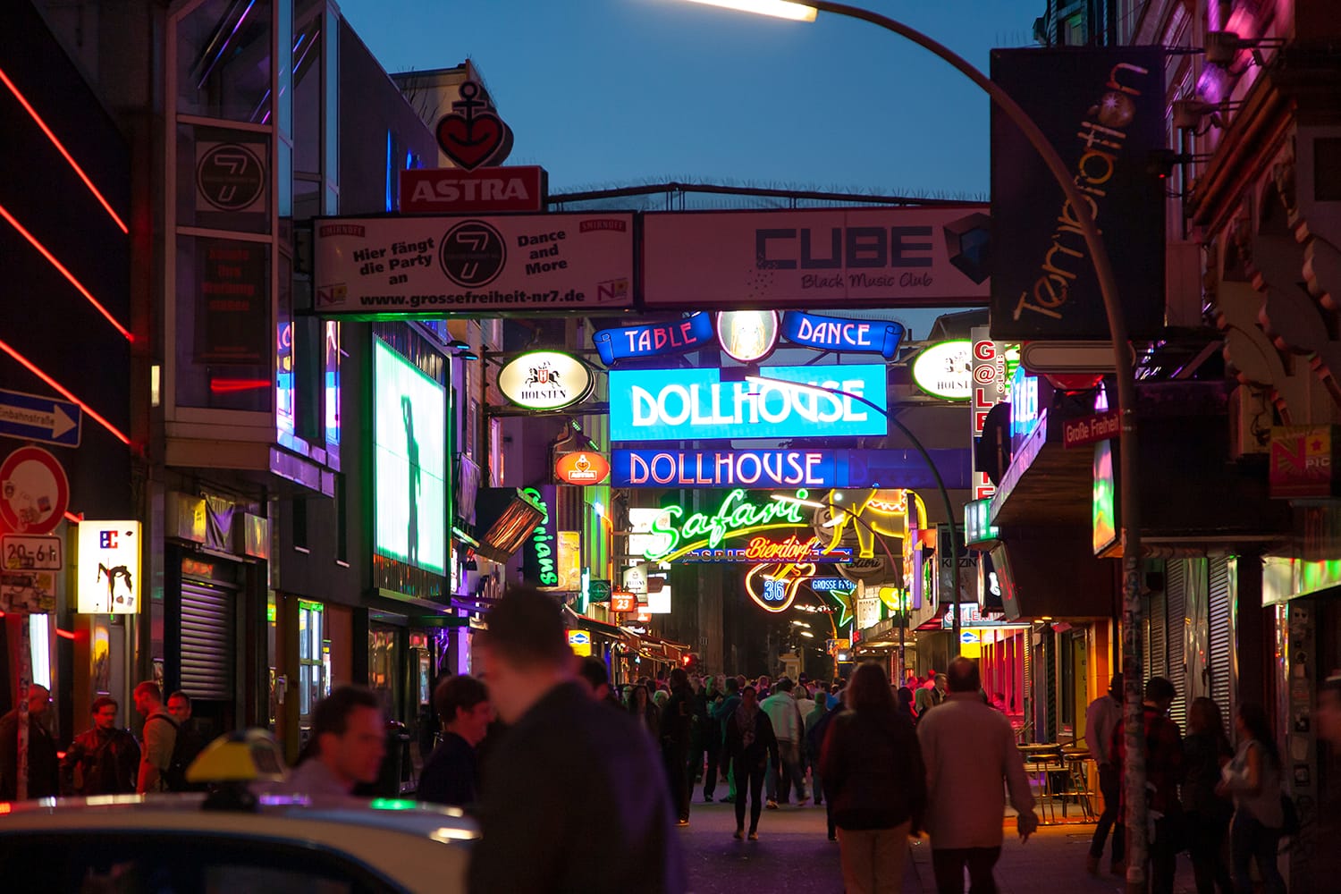 The red light district Reeperbahn street at night. Sex shops, bars and restaurants. Nightlife in Hamburg, Germany