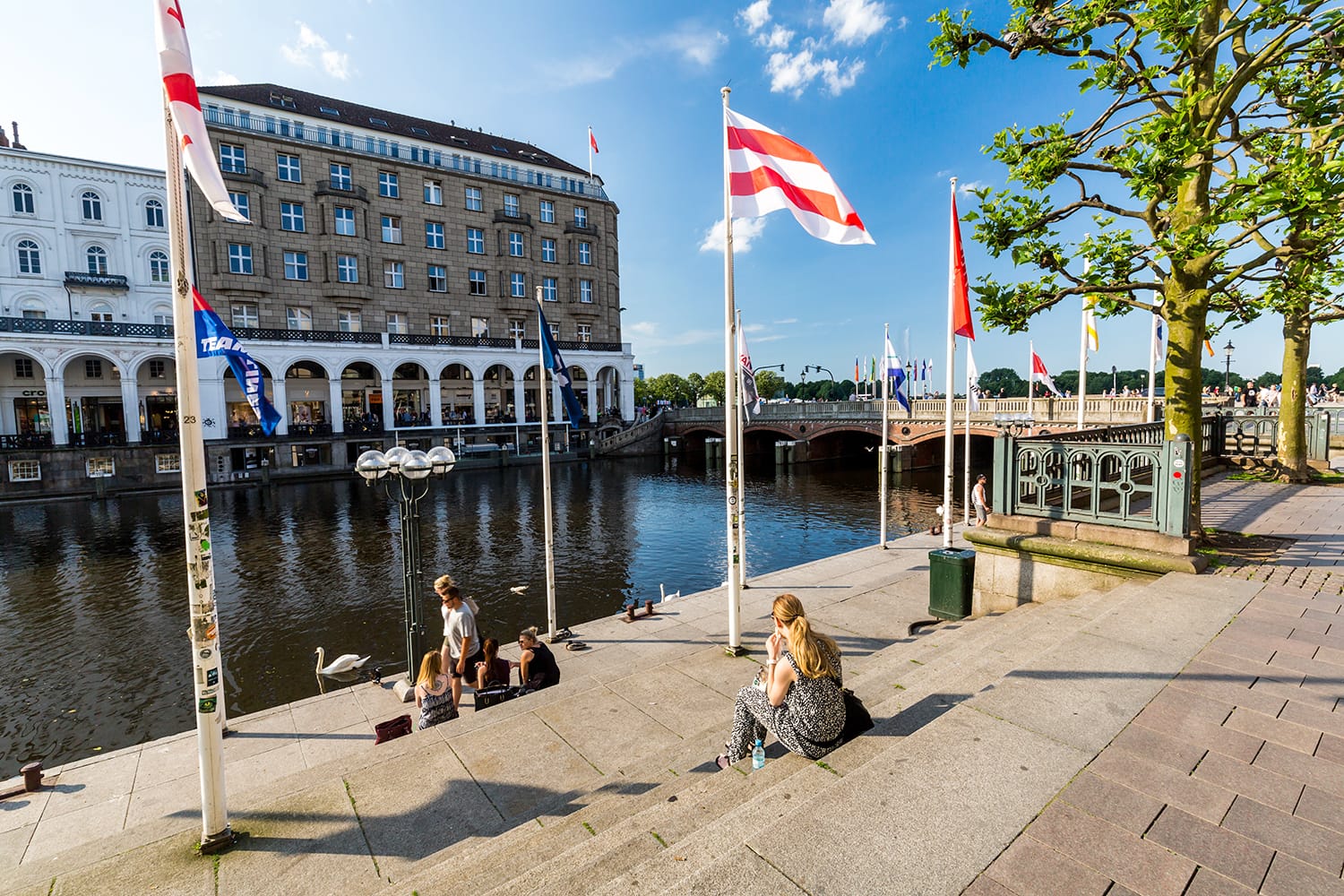 Exterior view of the Hamburg Reesendamm and the Jungfernstieg in the city center of Hamburg, Germany