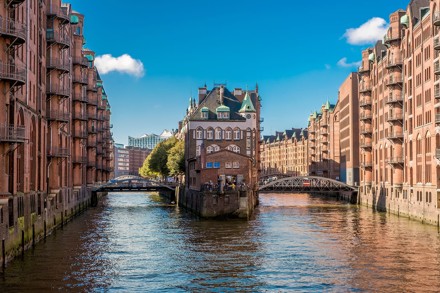 Famous Speicherstadt warehouse district with blue sky and clouds in Hamburg, Germany