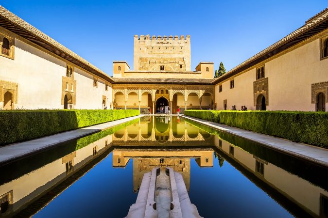 Courtyard of the Myrtles (Patio de los Arrayanes) in La Alhambra, Granada, Spain.