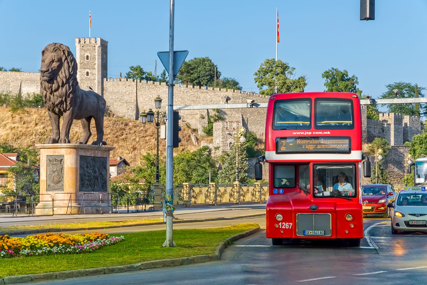 Double decker red bus in Skopje, Macedonia