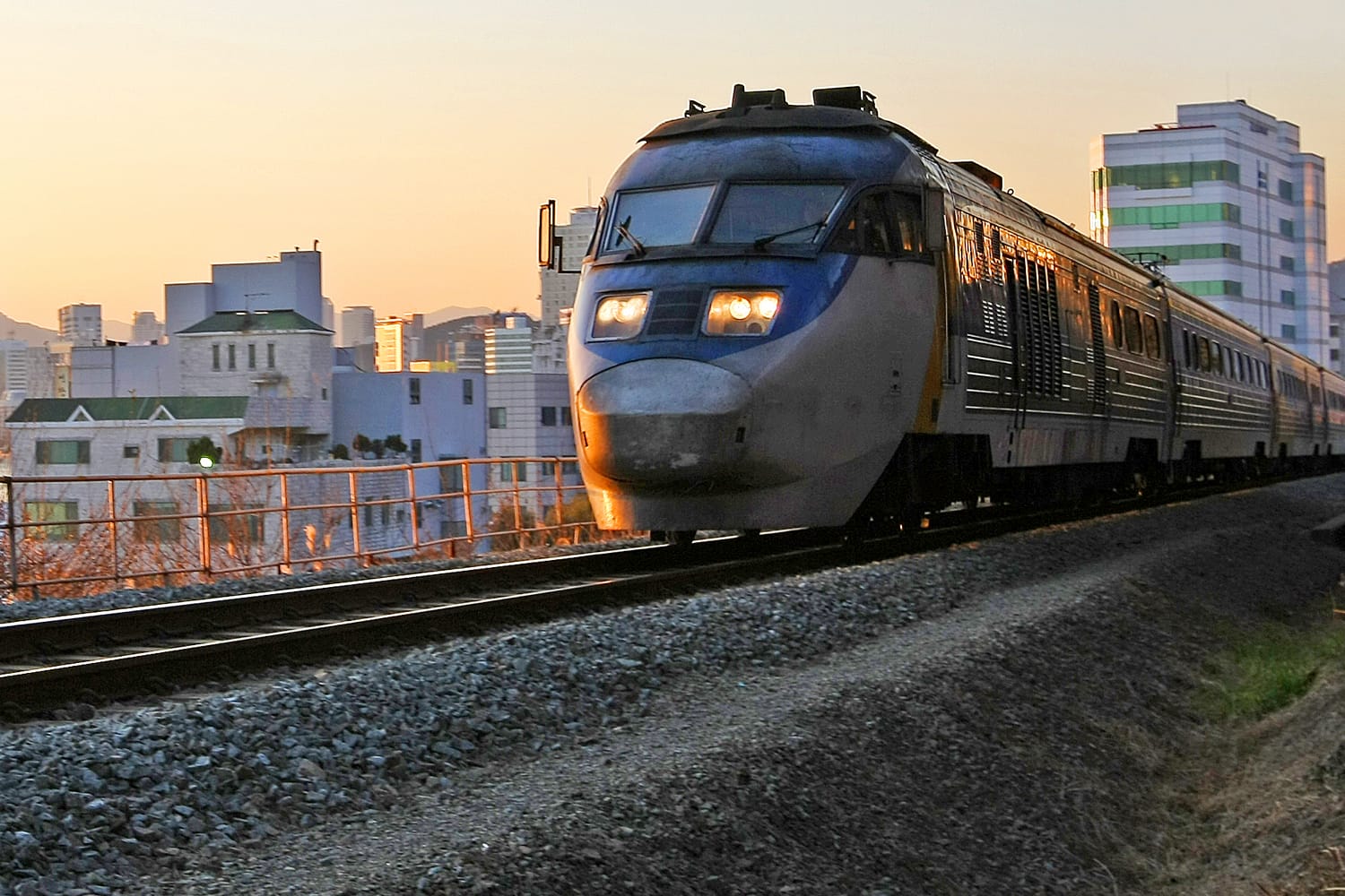 A Korea Train Express bullet train leaving Busan, South Korea