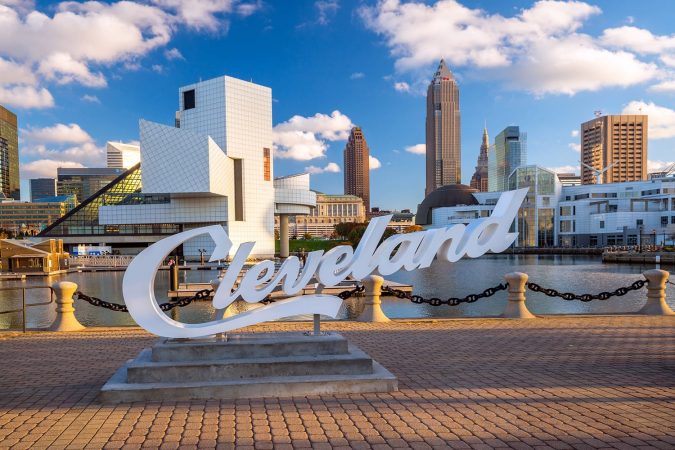 Downtown Cleveland skyline from the lakefront in Ohio, USA