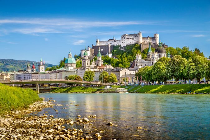 Beautiful view of Salzburg skyline with Festung Hohensalzburg and Salzach river in summer, Salzburg, Salzburger Land, Austria