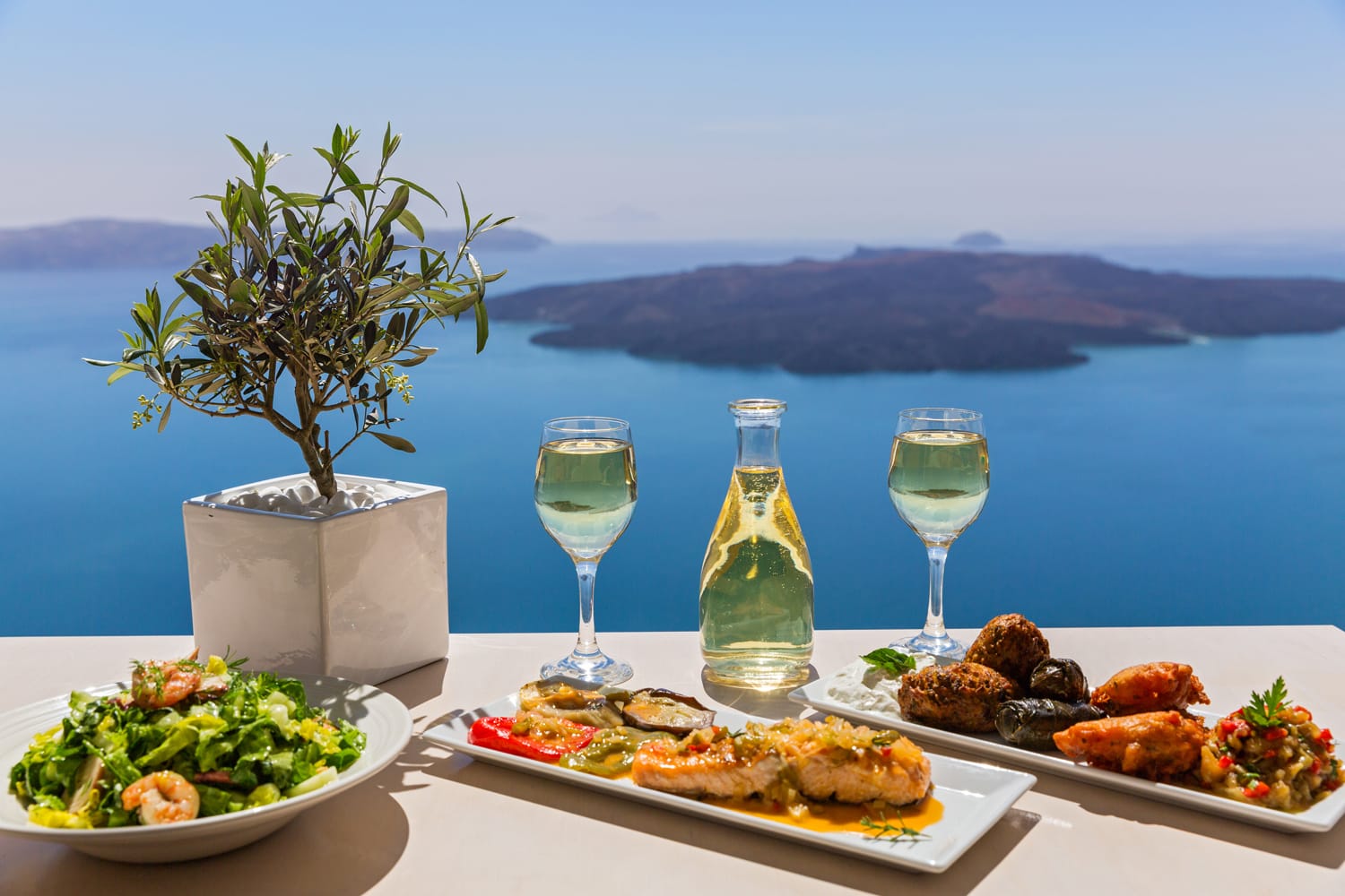 Lunch and wine by the sea, Greece, Santorini