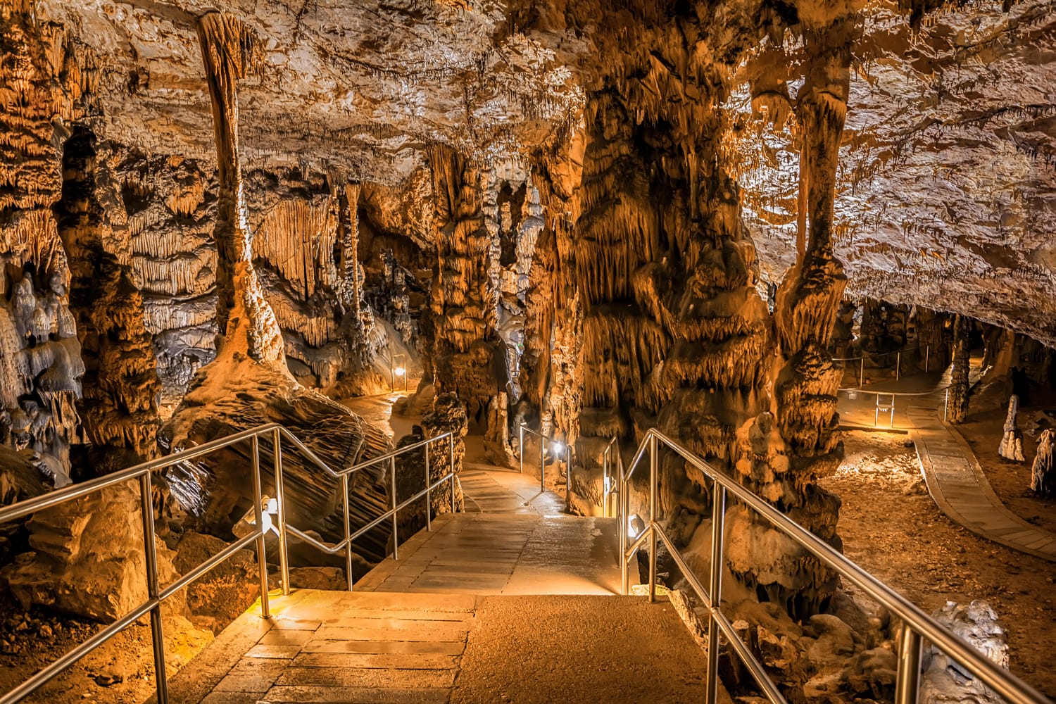 Baradle Cave in Aggtelek National Park in Hungury. Stalactite and stalagmite inside a cave