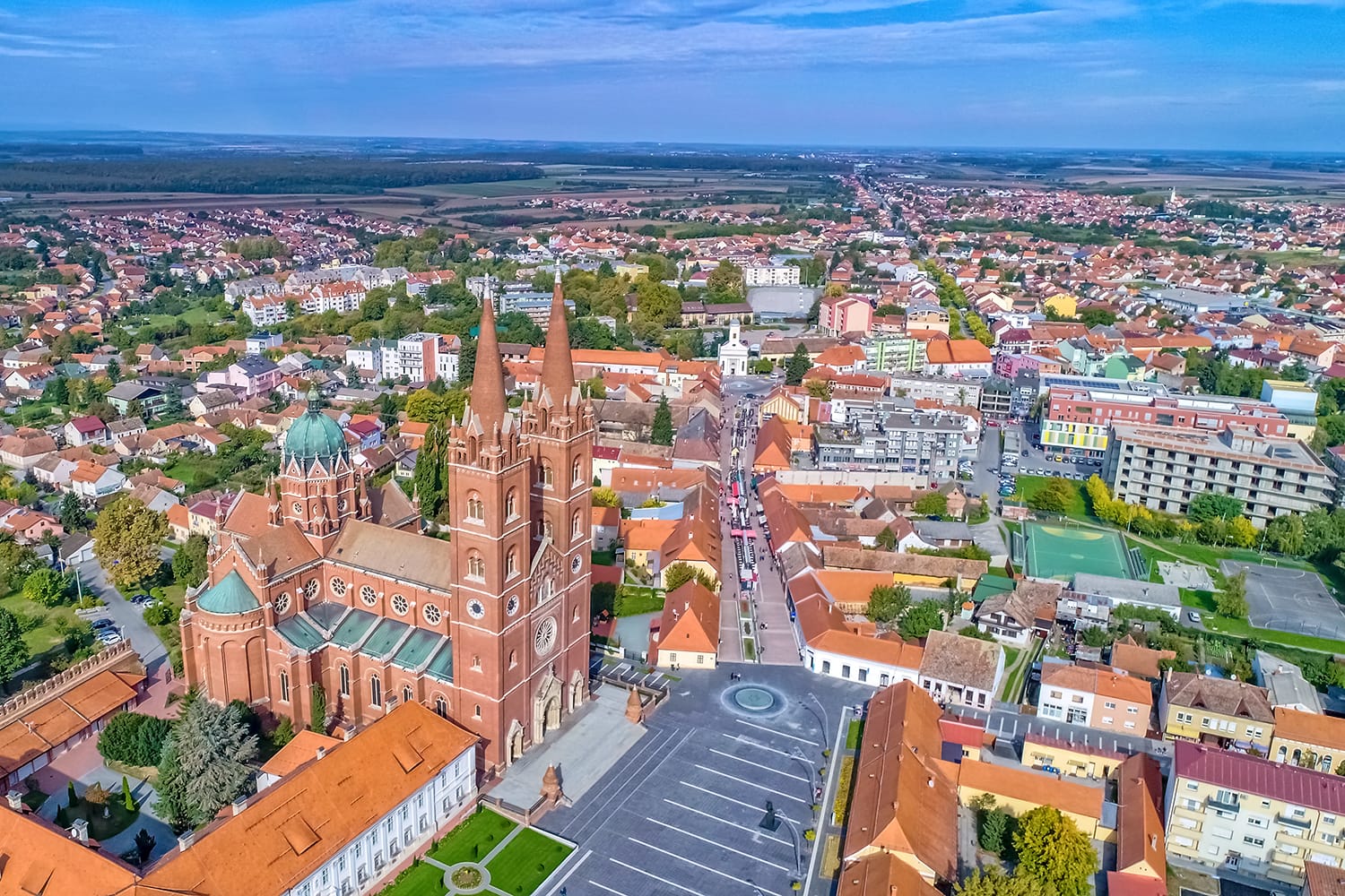 Aerial view of the St. Peter cathedral and the city center of the Djakovo, Croatia.