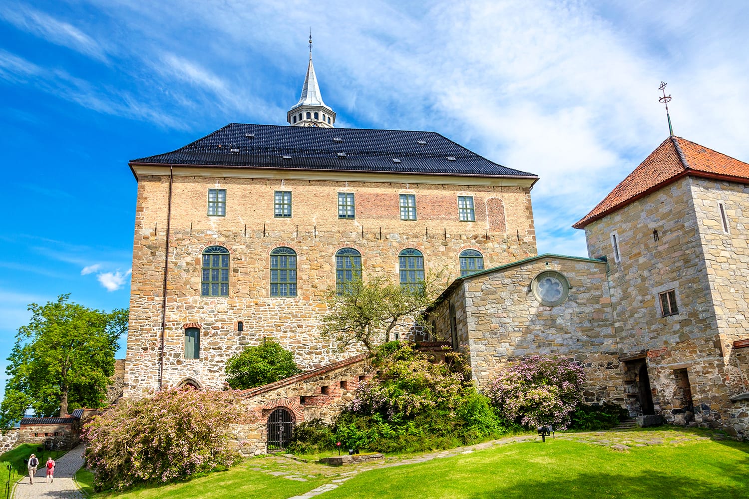 Beautiful medieval Akershus Castle on a background of blue sky, in a lovely sunny summer day, Oslo, Norway, Scandinavia