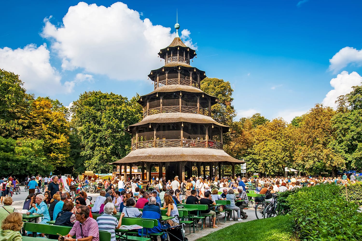 Biergarten near Chinese tower in English garden in Munich, Bayern, Germany