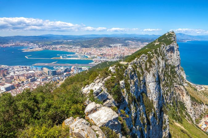 Aerial view of top of Gibraltar Rock. Gibraltar is a territory of South West Europe which is part of the United Kingdom.