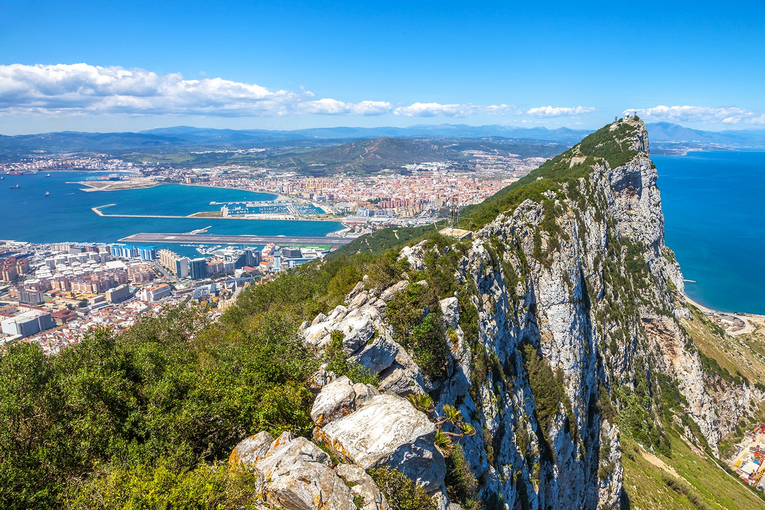 Aerial view of top of Gibraltar Rock. Gibraltar is a territory of South West Europe which is part of the United Kingdom.