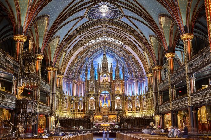 Interior of the Gothic revival Notre Dame basilica in Montreal, Canada