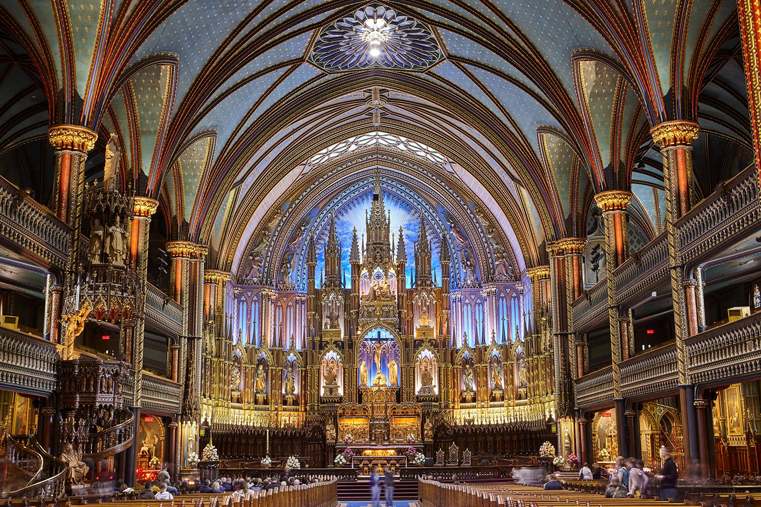 Interior of the Gothic revival Notre Dame basilica in Montreal, Canada