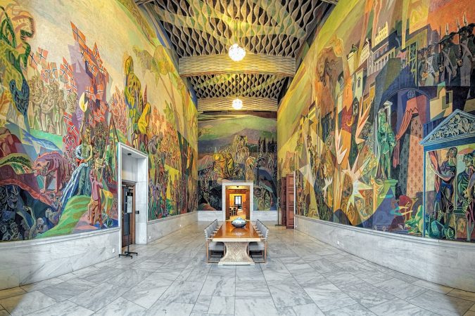 Interior of West Gallery (Storstein room) in Oslo City Hall with frescoes "Human Rights" painted by the Norwegian artist Aage Storstein in 1938-1950.
