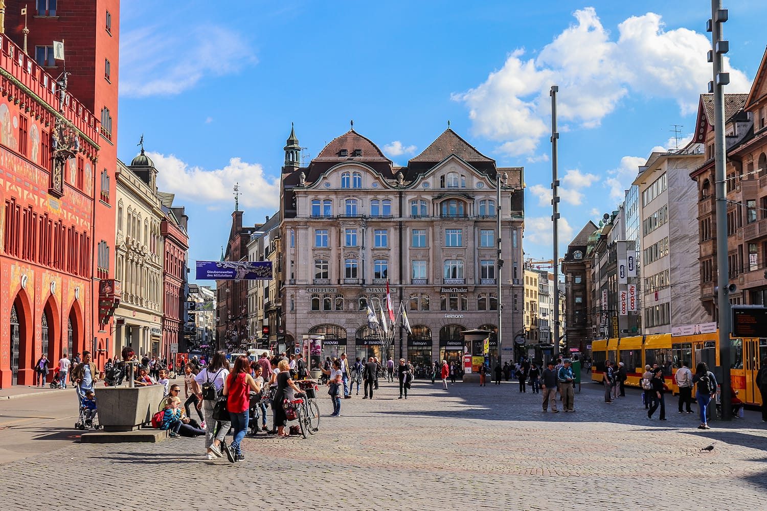 People are walking in Marktplatz in Basel, Switzerland