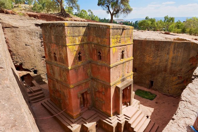 Unique monolithic rock-hewn Church of St. George (Bete Giyorgis), UNESCO World heritage, Lalibela, Ethiopia.