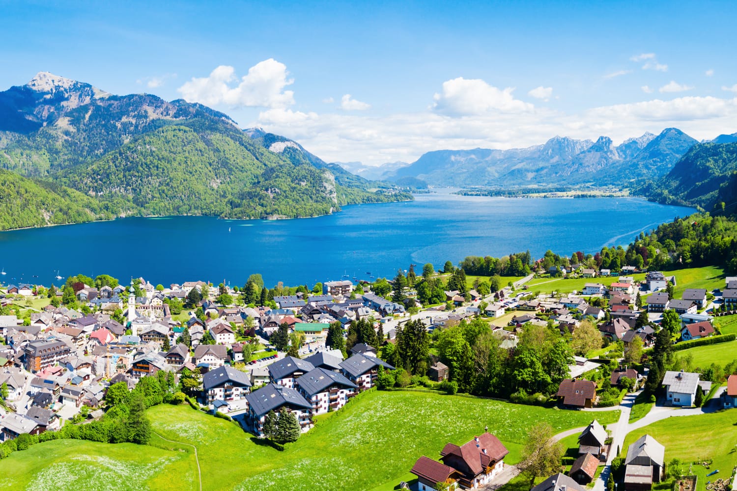 St. Gilgen and Wolfgangsee lake aerial panoramic view in Salzkammergut region in Austria