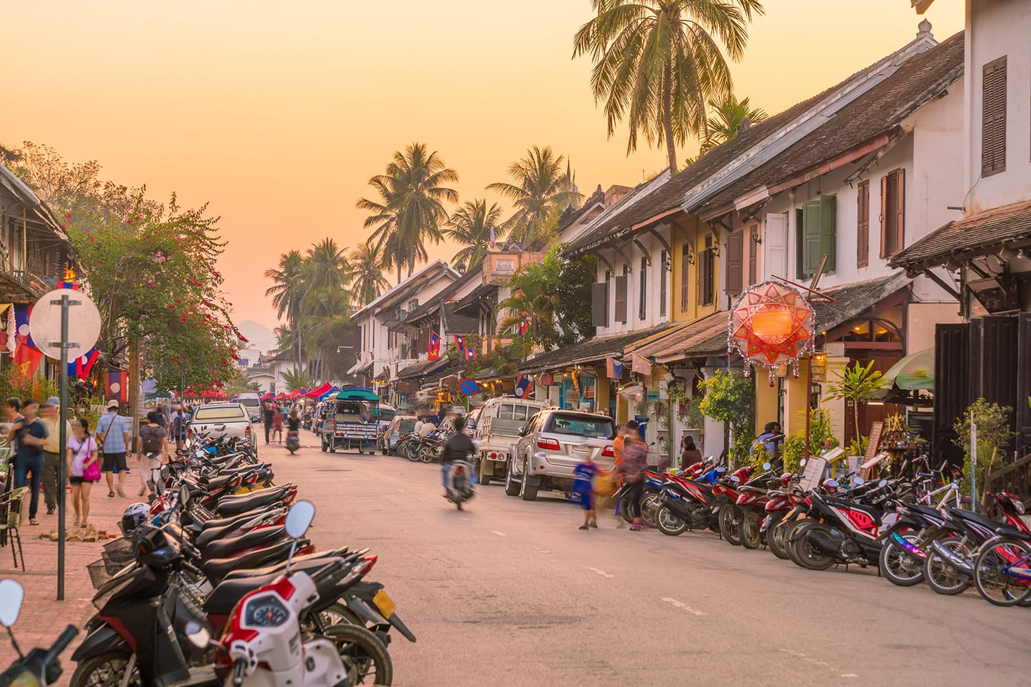 Street in old town Luang Prabang, Laos at sunset