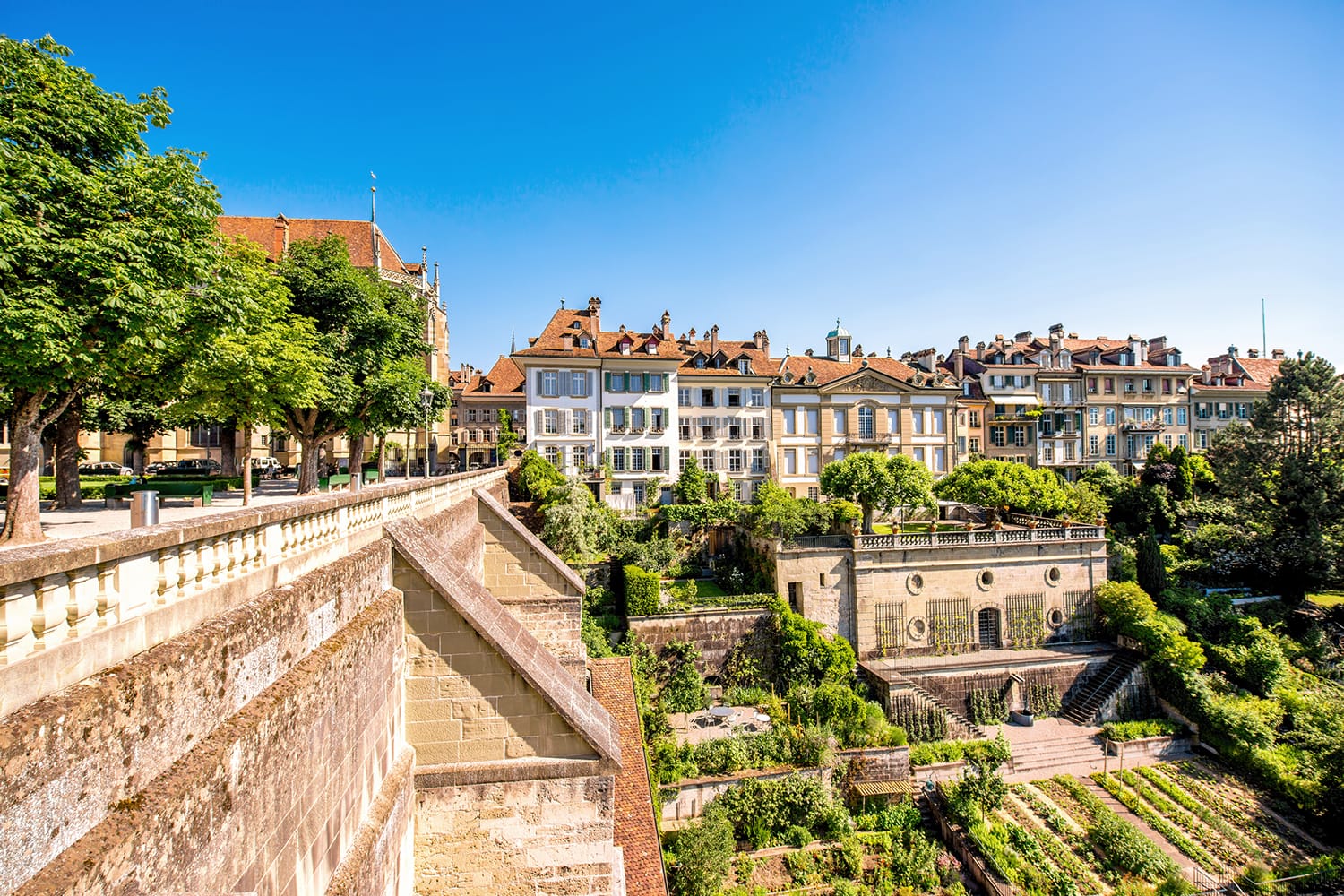 Beautiful green terraces near Munster church in the old town of Bern in Switzerland
