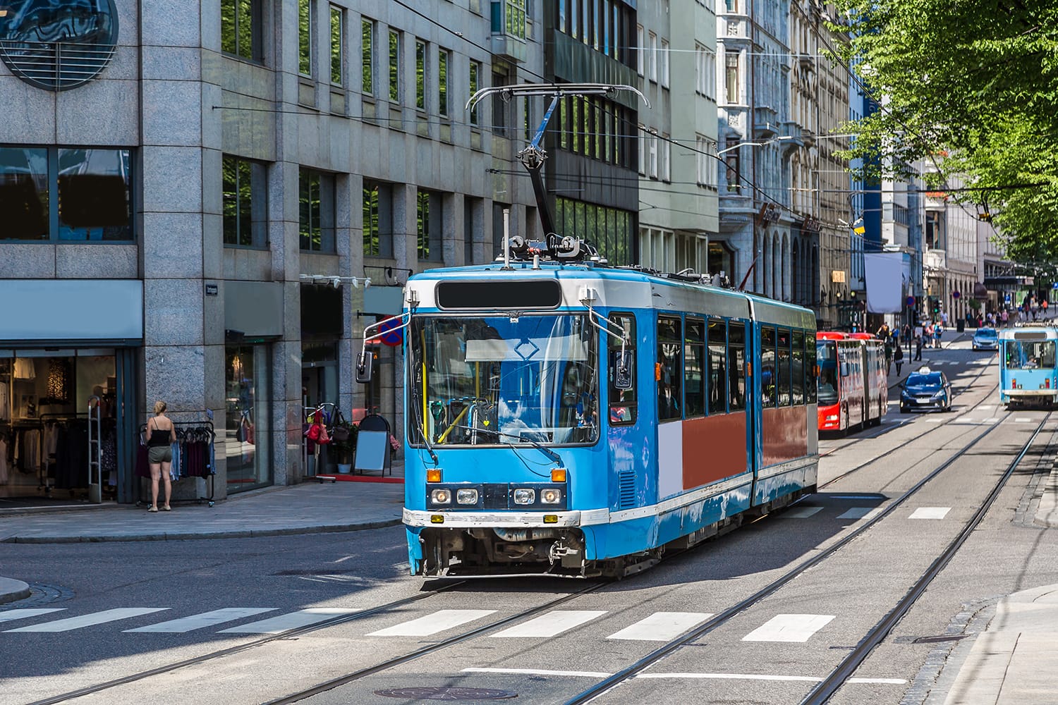 Modern blue tram in Oslo in Norway