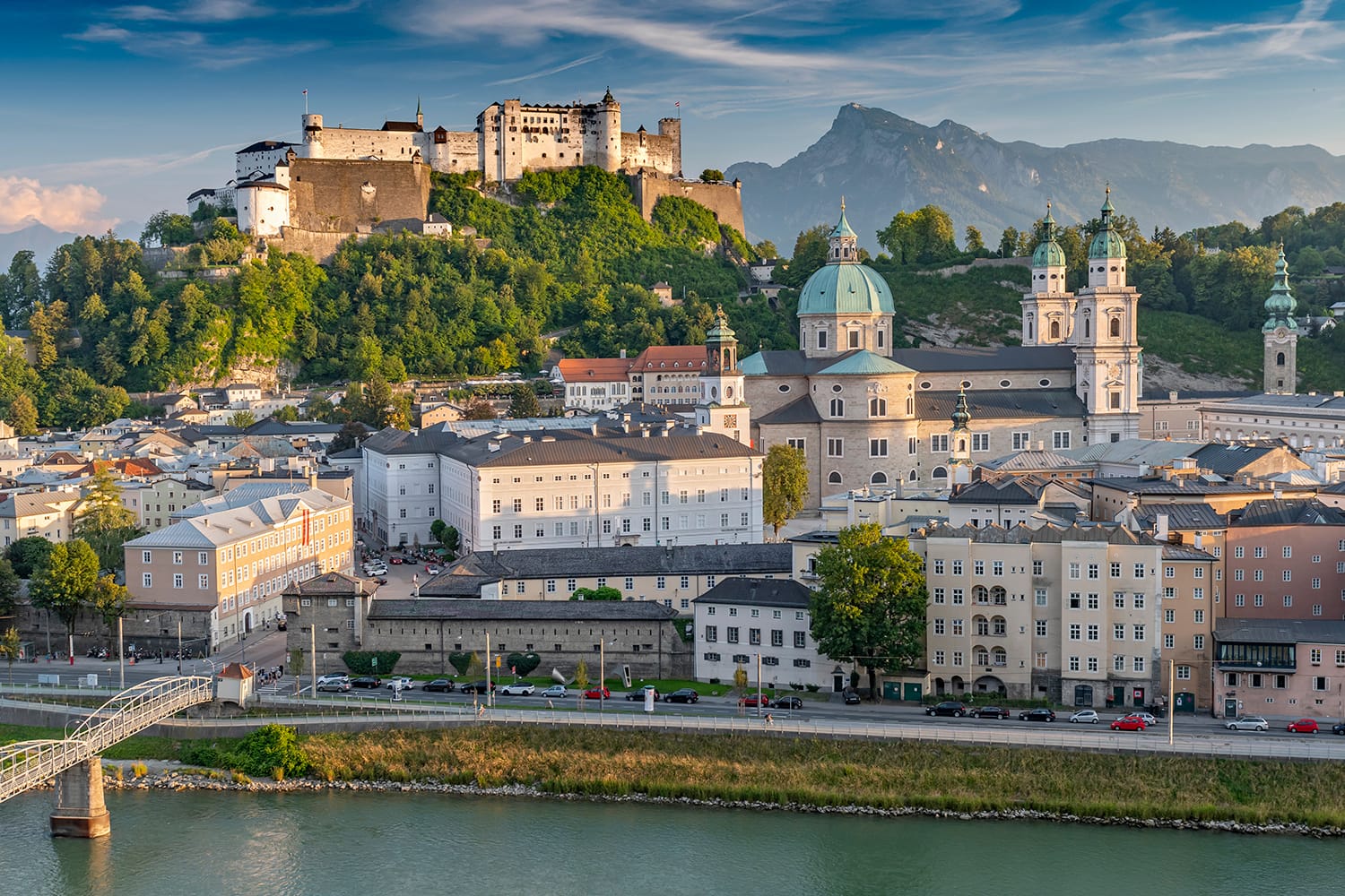 View from the Kapuzinerberg on the old town with Hohensalzburg Castle, Salzburg Cathedral and Collegiate Church, Salzburg Austria.
