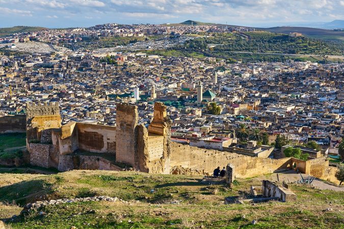 Aerial panorama of Fez / Fes from Borj Nord (Burj al-Shamal, Al-Burj ash-Shamali) at sunset, Morocco, North Africa