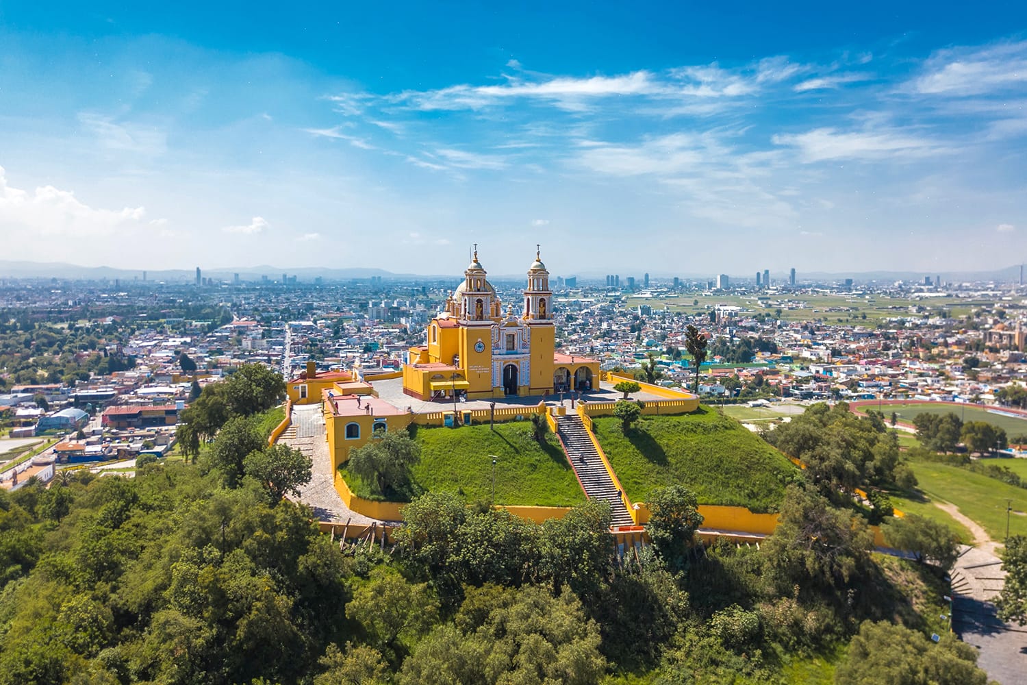 Aerial view of Church of Our Lady of Remedies in Cholula, Mexico
